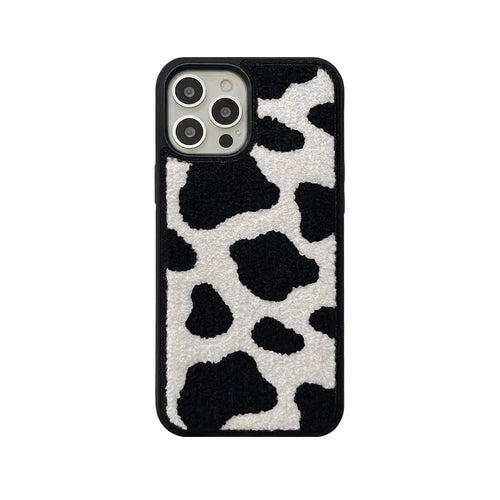 Black & White Dairy Cattle Cow Print Phone Case Compatible with iPhone 15 Pro Max,Cute Embroidery Winter Warm Fur Carpet Case,Soft Fluffy Case for iPhone 15 Pro Max 6.7'' 2023(Cow)