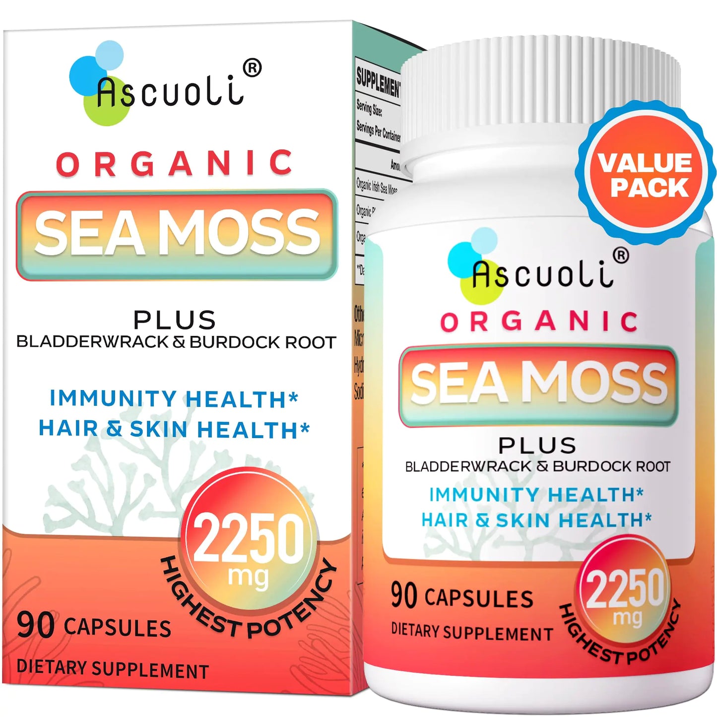 Organic Sea Moss 2250mg Seamoss Advanced with Bladderwrack & Burdock Root Sea Moss Capsules Wild Irish Sea Moss for Immune Health Gut Energy Hair Skin Nails & Joint Health - 90 Vegan Capsules